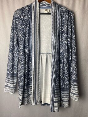 Anthropologie One September Pocono Damask Blue White Cottagecore Cardigan S